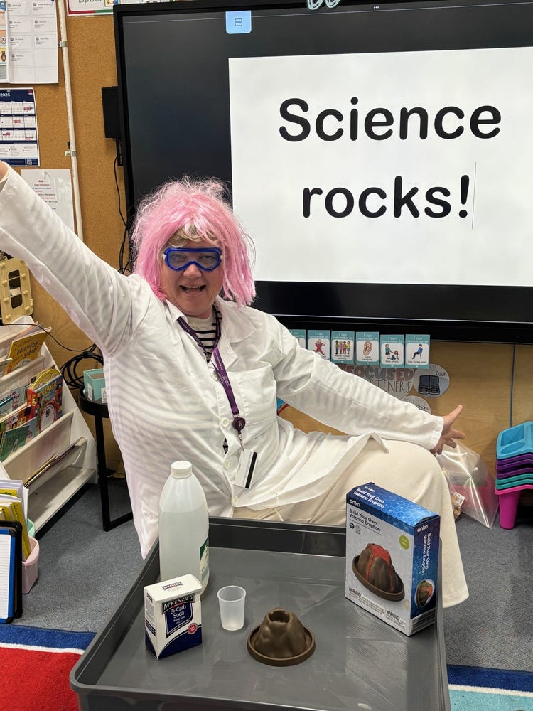 A school teacher dressed as a funny scientist